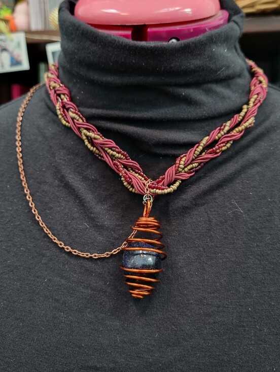 Jewelry - SLS Creation | Steampunk Copper Wrapped Blue Sunstone Pendant On Marroon Cord